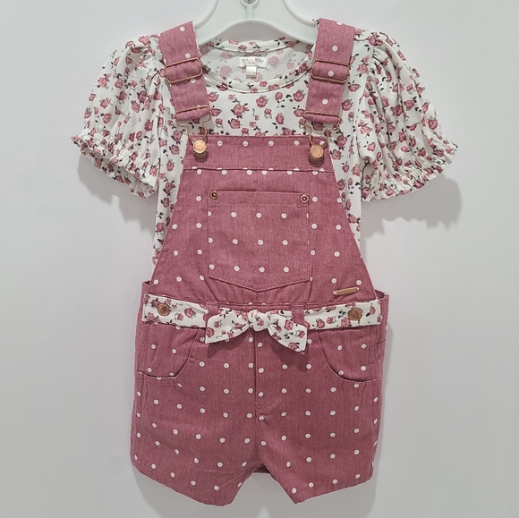 Tahari Other - Tahari Pink and White Floral Puff Sleeve Tee With Coordinating Shortalls Size 3T
